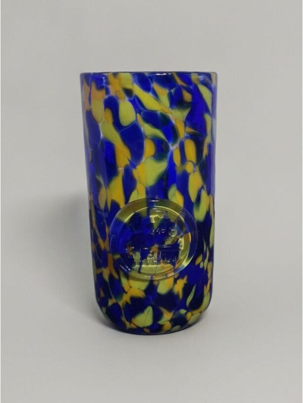 Murano Art Glass Tumbler Vase Blue Yellow Macchia Confetti Embossed Lion Seal